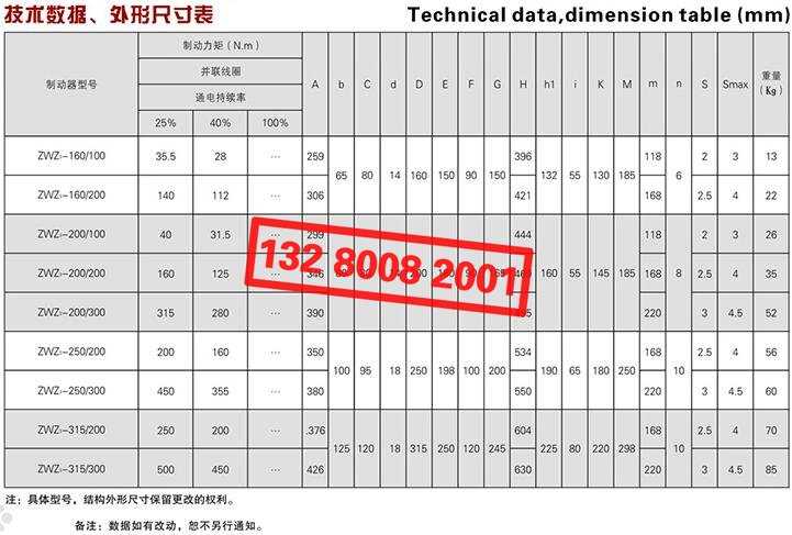 ZWZ3系列直流電磁鼓式制動(dòng)器技術(shù)數(shù)據(jù)、外形尺寸表